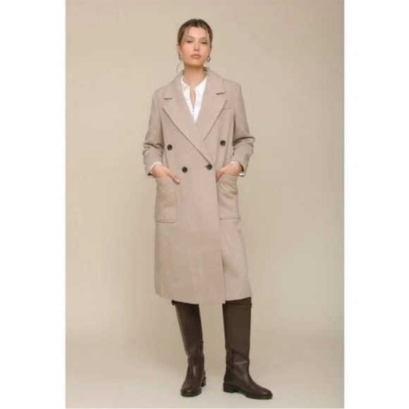Avec Les Filles Double-Breasted Plaid Coat in Taupe Mini Chevron Size Medium